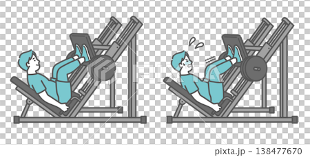 一組插圖對比了兩個胖男人使用腿部推蹬機時面帶微笑的場景，以及另一個胖男人使用腿部推蹬機時遇到的困難的場景。 138477670