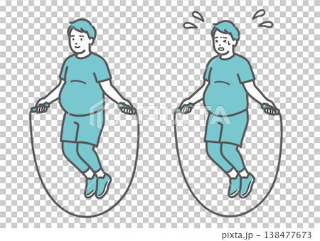 一組插圖,對比了胖男人跳繩時面帶微笑的形象和胖男人跳繩時神情沮喪的形象。 一組插圖,對比了胖男人跳繩時面帶微笑的形象和胖男人跳繩時神情沮喪的形象。 138477673