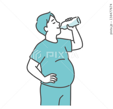 笑顔で水分補給をするぽっちゃり男性のイラスト 笑顔で水分補給をするぽっちゃり男性のイラスト 138477674