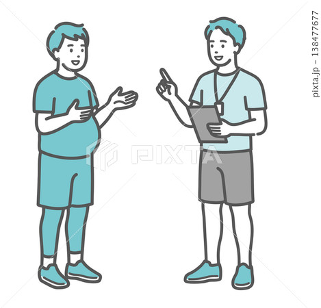笑顔で男性トレーナーからカウンセリングを受けるぽっちゃり男性のイラスト 138477677