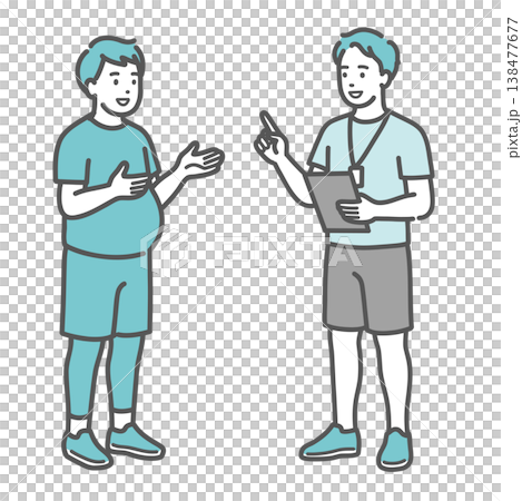 一幅插圖，描繪了一位身材圓潤的男子微笑地接受男性教練的指導。 138477677