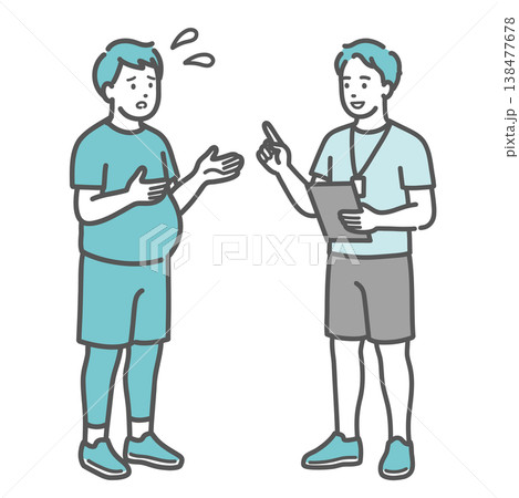 困り顔で男性トレーナーに相談するぽっちゃり男性のイラスト 138477678