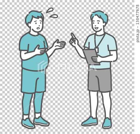 困り顔で男性トレーナーに相談するぽっちゃり男性のイラスト 138477678