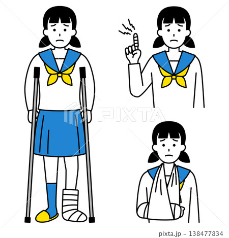 指・腕・足の怪我をしている女子学生のセット 指・腕・足の怪我をしている女子学生のセット 138477834