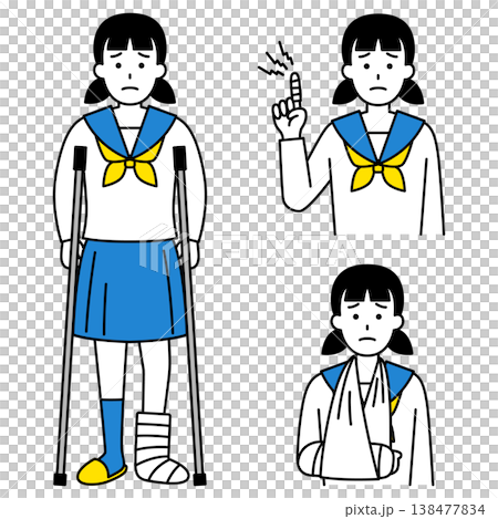 指・腕・足の怪我をしている女子学生のセット 指・腕・足の怪我をしている女子学生のセット 138477834