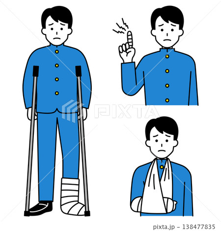 指・腕・足の怪我をしている男子学生のセット 指・腕・足の怪我をしている男子学生のセット 138477835