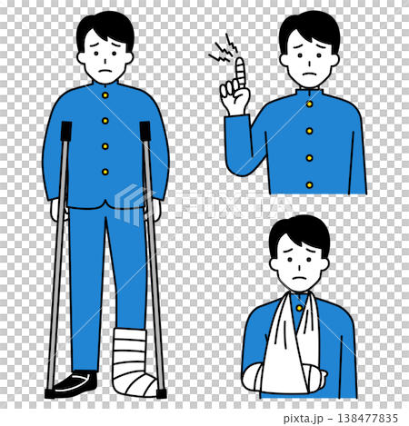 指・腕・足の怪我をしている男子学生のセット 指・腕・足の怪我をしている男子学生のセット 138477835