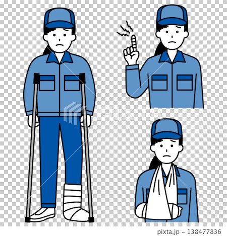 指・腕・足の怪我をしているつなぎ作業服の女性のセット 指・腕・足の怪我をしているつなぎ作業服の女性のセット 138477836