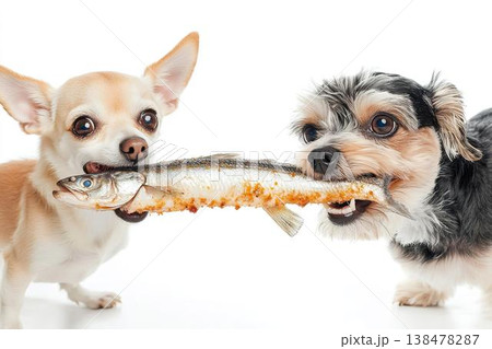 魚を奪い合う2匹の犬のユーモラスな食事シーン 138478287