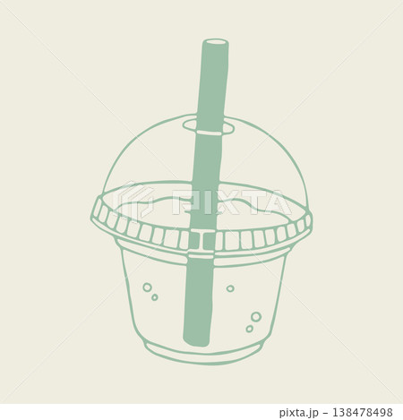 Hand drawn vector of a refreshing bubble tea in a plastic cup with a dome lid and a thick straw. Minimalist beverage illustration with small boba pearls and a clean outline for cafe branding 138478498