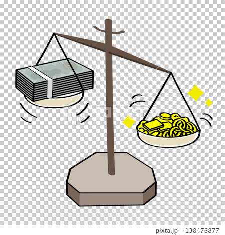 金と現金の価値を天秤にかけて比較したシンプルなイラスト 金と現金の価値を天秤にかけて比較したシンプルなイラスト 138478877