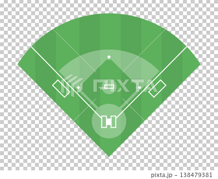 Top down view of a clean, minimalist baseball field with green grass and white lines 138479381