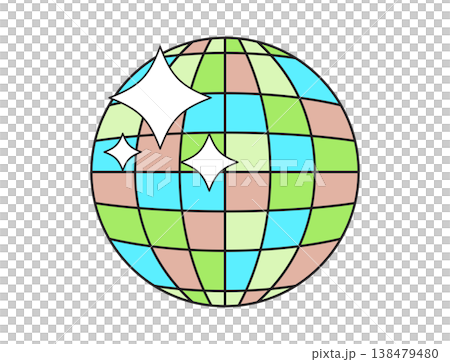 A stylized disco ball with a grid of colorful squares and bright starbursts, evoking a sense of celebration and retro fun 138479480