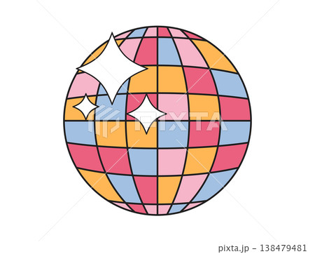 A stylized disco ball with a grid of colorful squares and bright starbursts, evoking a sense of celebration and retro fun 138479481
