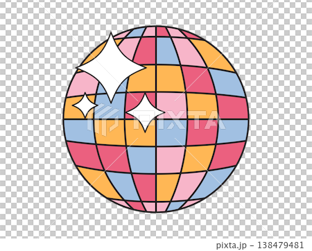 A stylized disco ball with a grid of colorful squares and bright starbursts, evoking a sense of celebration and retro fun 138479481