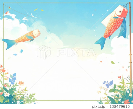 こいのぼりと青空の水彩風フレーム背景、こどもの日や春の行事に使えるイラスト素材 138479610