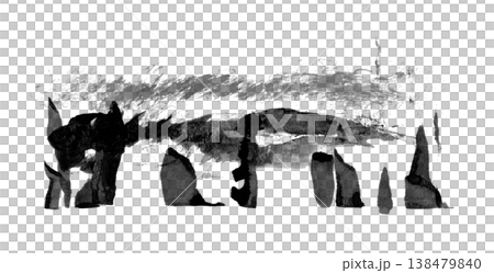 A monochrome abstract illustration featuring horizontal bands created by ink smudges and splashes, and vertical bar-like shapes lined up at the bottom. 138479840