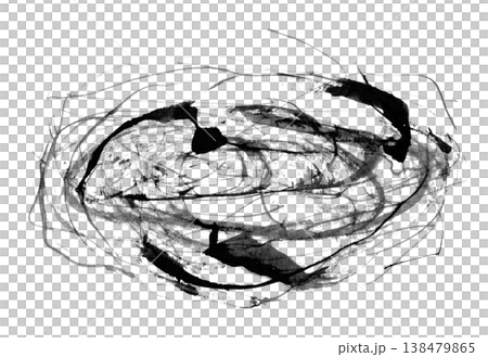 墨の滲みと重なり合う細い線が渦を巻く楕円形の抽象イラスト素材 138479865