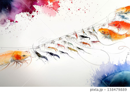 Shrimp Motion with Blue Ink Wash and Soft White Background 138479889