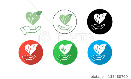 Eco Healthcare Icon Set Heart With Pulse And Leaf Over Hand, Medical Wellness Symbols 138480769