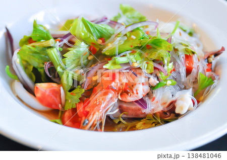 spicy salad or noodles salad, Thai spicy salad or vermicelli and seafood salad or vermicelli salad or grass noodles salad 138481046