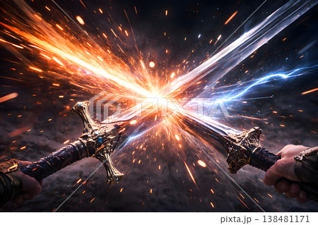 剣が交差し爆発するエネルギーエフェクト バトル衝突の瞬間（Sword clash energy ex 138481171