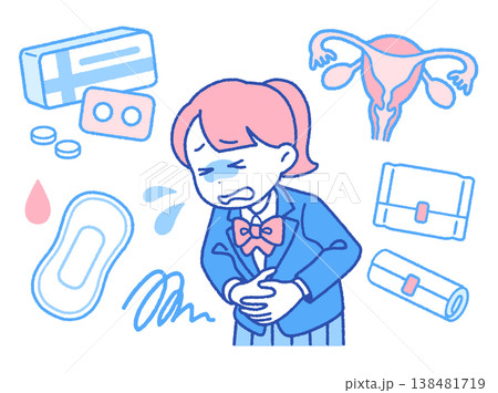生理痛でお腹が痛い女子高校生のイメージイラスト｜鎮痛剤・ナプキン 138481719