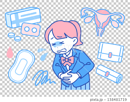 生理痛でお腹が痛い女子高校生のイメージイラスト｜鎮痛剤・ナプキン 138481719