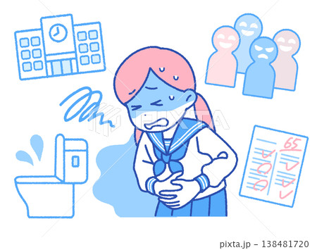 女子学生のストレス・不安による腹痛イメージイラスト｜不登校・心因性・体調不良 138481720