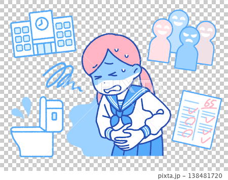 女子学生のストレス・不安による腹痛イメージイラスト｜不登校・心因性・体調不良 138481720