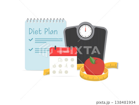 Health and Fitness Elements with Diet Plan and Scale Stock Illustration. 138481934