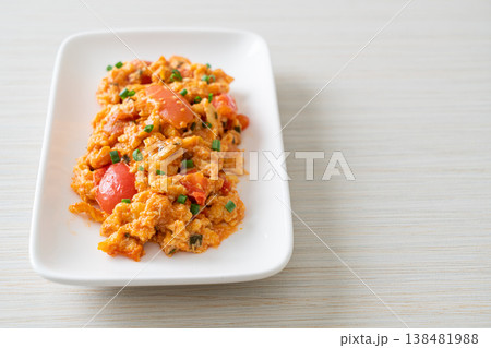 Stir-fried tomatoes with egg or Scrambled eggs with tomatoes Stir-fried tomatoes with egg or Scrambled eggs with tomatoes 138481988