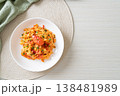 Stir-fried tomatoes with egg or Scrambled eggs with tomatoes 138481989