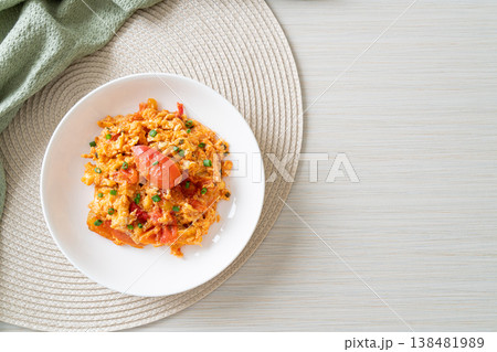 Stir-fried tomatoes with egg or Scrambled eggs with tomatoes Stir-fried tomatoes with egg or Scrambled eggs with tomatoes 138481989