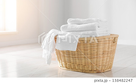 明るい部屋に置かれた自然素材のバスケットと白い洗濯物 138482247
