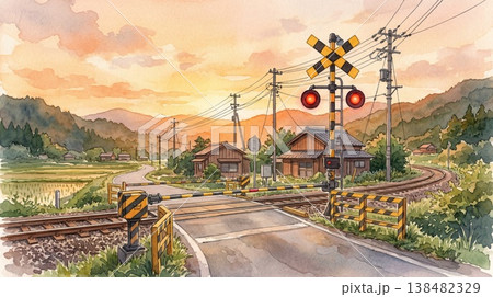 夕暮れの踏切と日本の田舎風景 水彩画風 Watercolor style Japanese rura 138482329