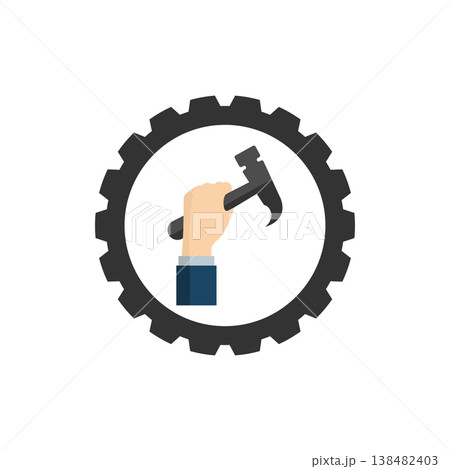 Hand holding a hammer and gear Hand holding a hammer and gear 138482403