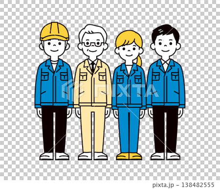 Simple full-body vector illustration of a company president/manager and male/female employees working at a construction site. Simple full-body vector illustration of a company president/manager and male/female employees working at a construction site. 138482555