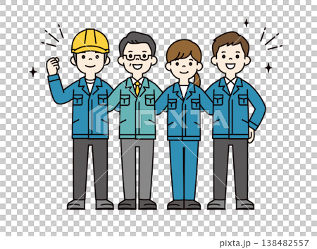 製造業和建築業的員工、職員和經理們肩並肩、團結協作的全身向量插圖。 製造業和建築業的員工、職員和經理們肩並肩、團結協作的全身向量插圖。 138482557