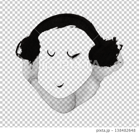 A Japanese modern monochrome illustration featuring a figure wearing headphones or earmuffs, drawn with a brush using ink washes and lines. 138482648