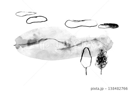 【背景透過】雲と山々や木々の風景の水墨画 【背景透過】雲と山々や木々の風景の水墨画 138482766