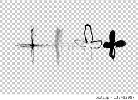 筆と竹ペンを使い、水墨の線、掠れ、濃淡で、横一列の4つの十字と花を描いた和モダンモノクロイラスト素材 138482987