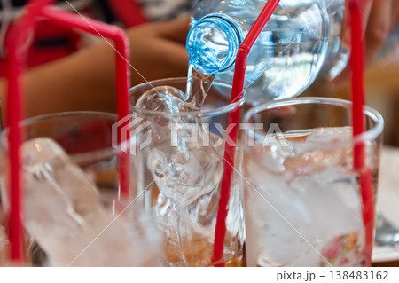Fresh drinking water being poured into glass with ice and red straw refreshing beverage hydration concept clean and clear liquid in casual setting Fresh drinking water being poured into glass with ice and red straw refreshing beverage hydration concept clean and clear liquid in casual setting 138483162
