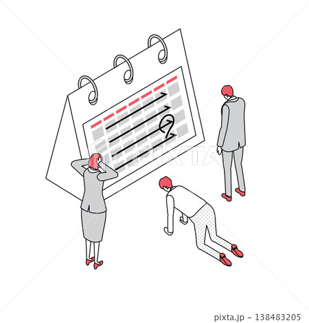 締め切りに困惑するビジネスチームのアイソメトリック線画イラスト 138483205