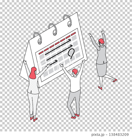 Isometric line drawing illustration of a business team celebrating in front of a large calendar. Isometric line drawing illustration of a business team celebrating in front of a large calendar. 138483209