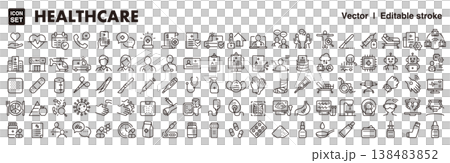 Medical and healthcare icon set (thin lines, vector materials): clinic, medicine, hospital materials. 138483852