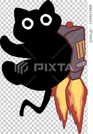 A black cat stick figure flies upward using a backpack rocket with orange flames 138483966