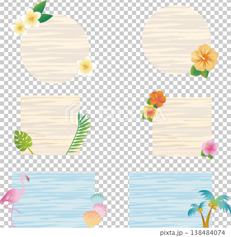 Summer tropical frame and background set: Hibiscus and plumeria message card 138484074