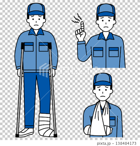 A set of a man in overalls with injuries to his fingers, arms, and legs. 138484173