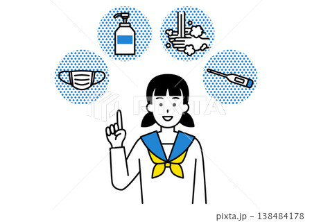 風邪予防の4つの方法（マスク・消毒・手洗い・検温）を案内する女子学生 138484178